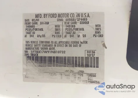 2001 Ford F-150 Lariat/Xl/Xlt z USA, uszkodzony, nr VIN 1FTRX17W91NB10732